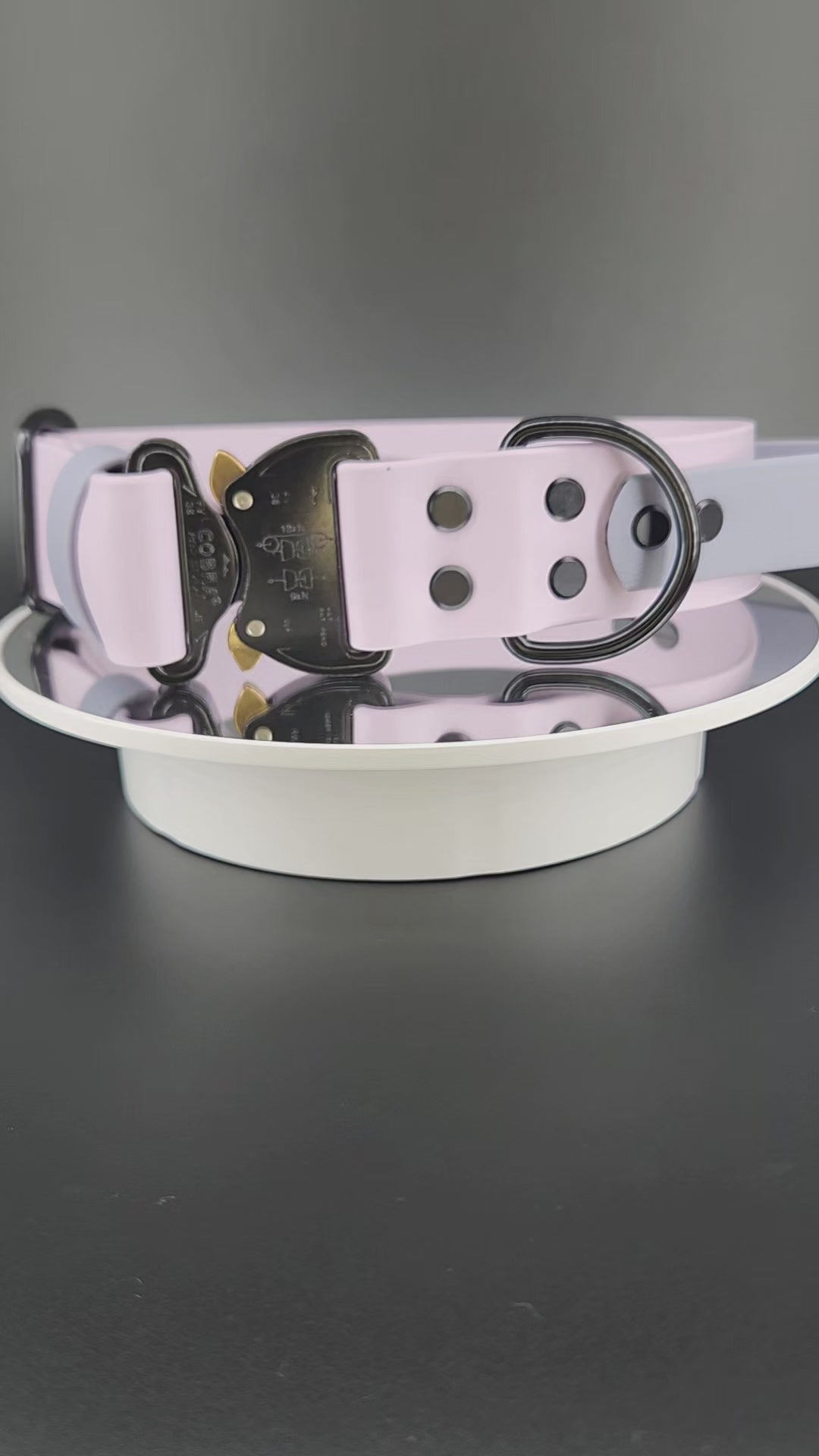 custom lavender biothane dog collar with tactical handle personalized text and quick release cobra buckle