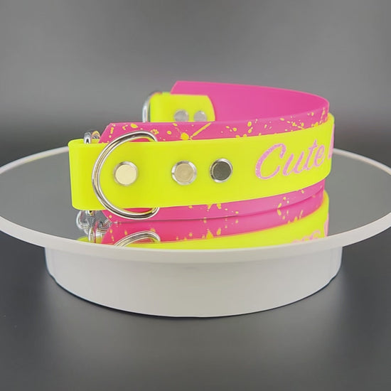 pink and yellow layered biothane chain martingale dog collar with custom text and splatter paint