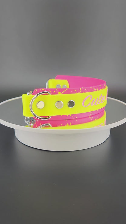 pink and yellow layered biothane chain martingale dog collar with custom text and splatter paint