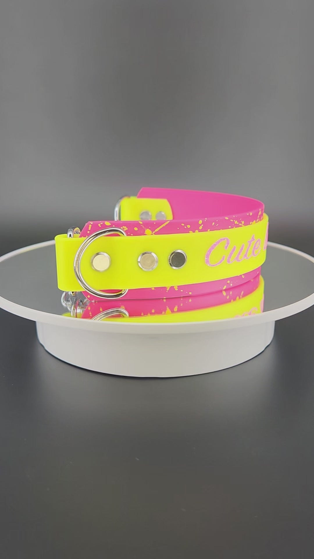 pink and yellow layered biothane chain martingale dog collar with custom text and splatter paint