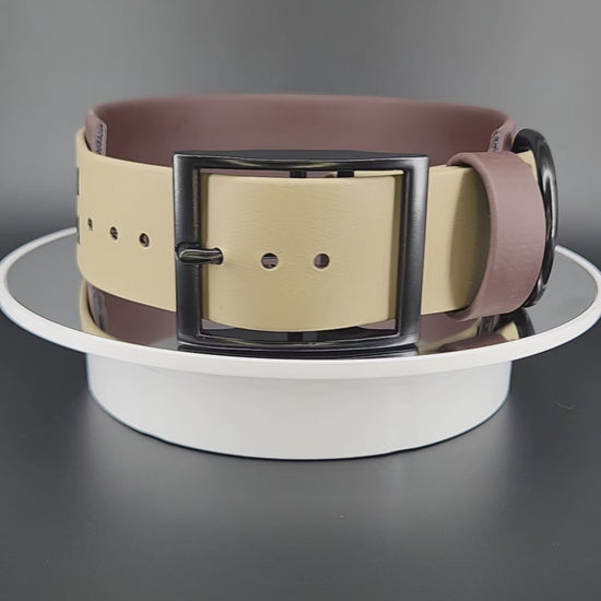 2 inch wide dark brown and tan layered biothane run your dog not your mouth collar