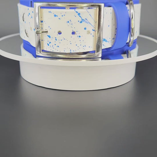 royal blue and white layered biothane collar with splatter paint