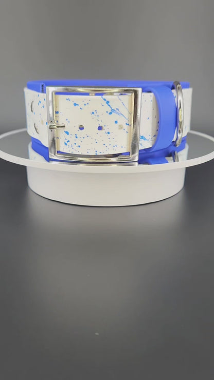 royal blue and white layered biothane collar with splatter paint