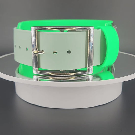 2 inch wide light green and sage green layered biothane redacted dog collar