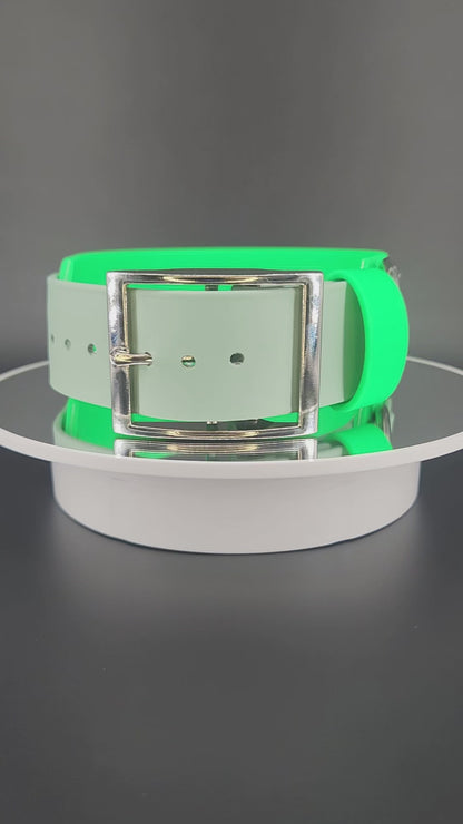 2 inch wide light green and sage green layered biothane redacted dog collar