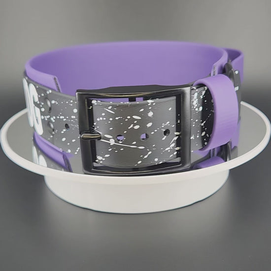 2 inch wide dark purple and black layered biothane tactical handle service dog collar outer space theme with white splatter paint