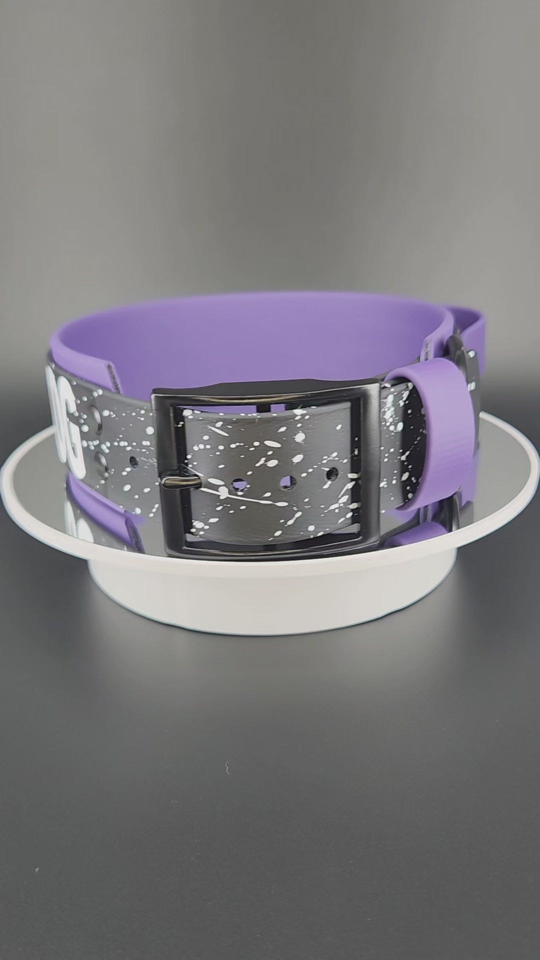 2 inch wide dark purple and black layered biothane tactical handle service dog collar outer space theme with white splatter paint