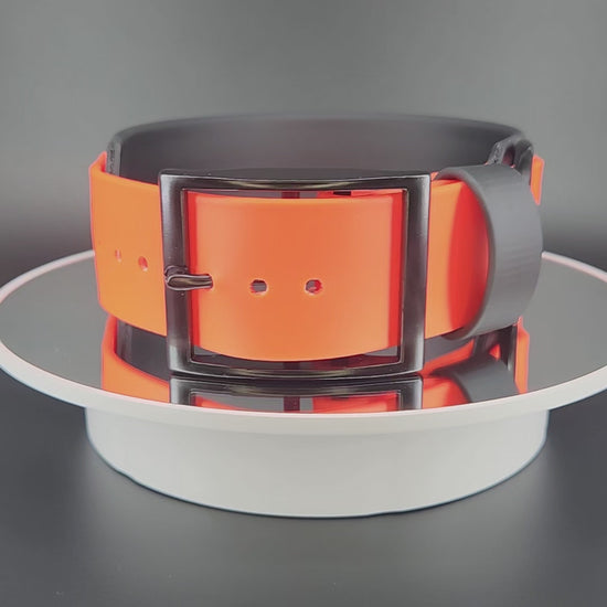 2 inch wide black and orange layered biothane fuck around and find out dog collar