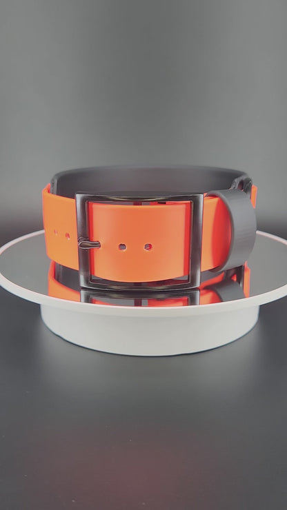 2 inch wide black and orange layered biothane fuck around and find out dog collar