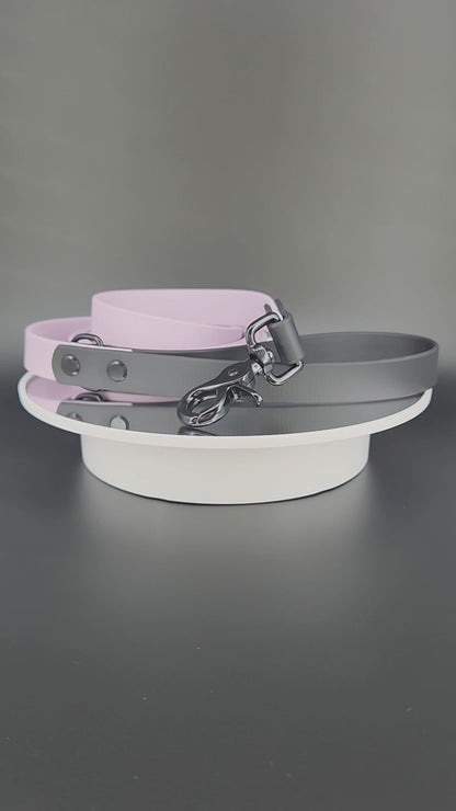 3/4 inch wide lavender and black biothane dog leash with black trigger snap