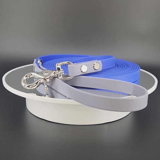 15 foot long royal blue and gray biothane leash with silver trigger snap