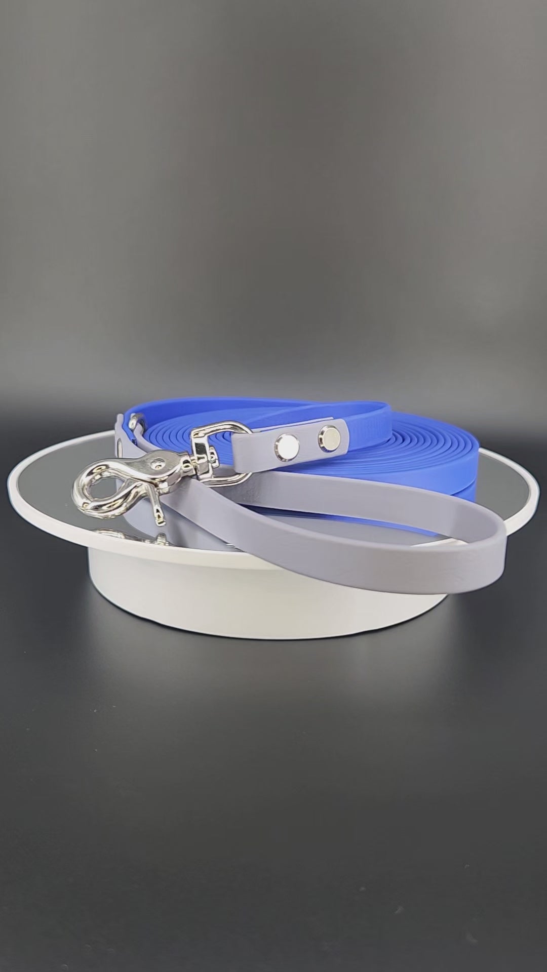 15 foot long royal blue and gray biothane leash with silver trigger snap