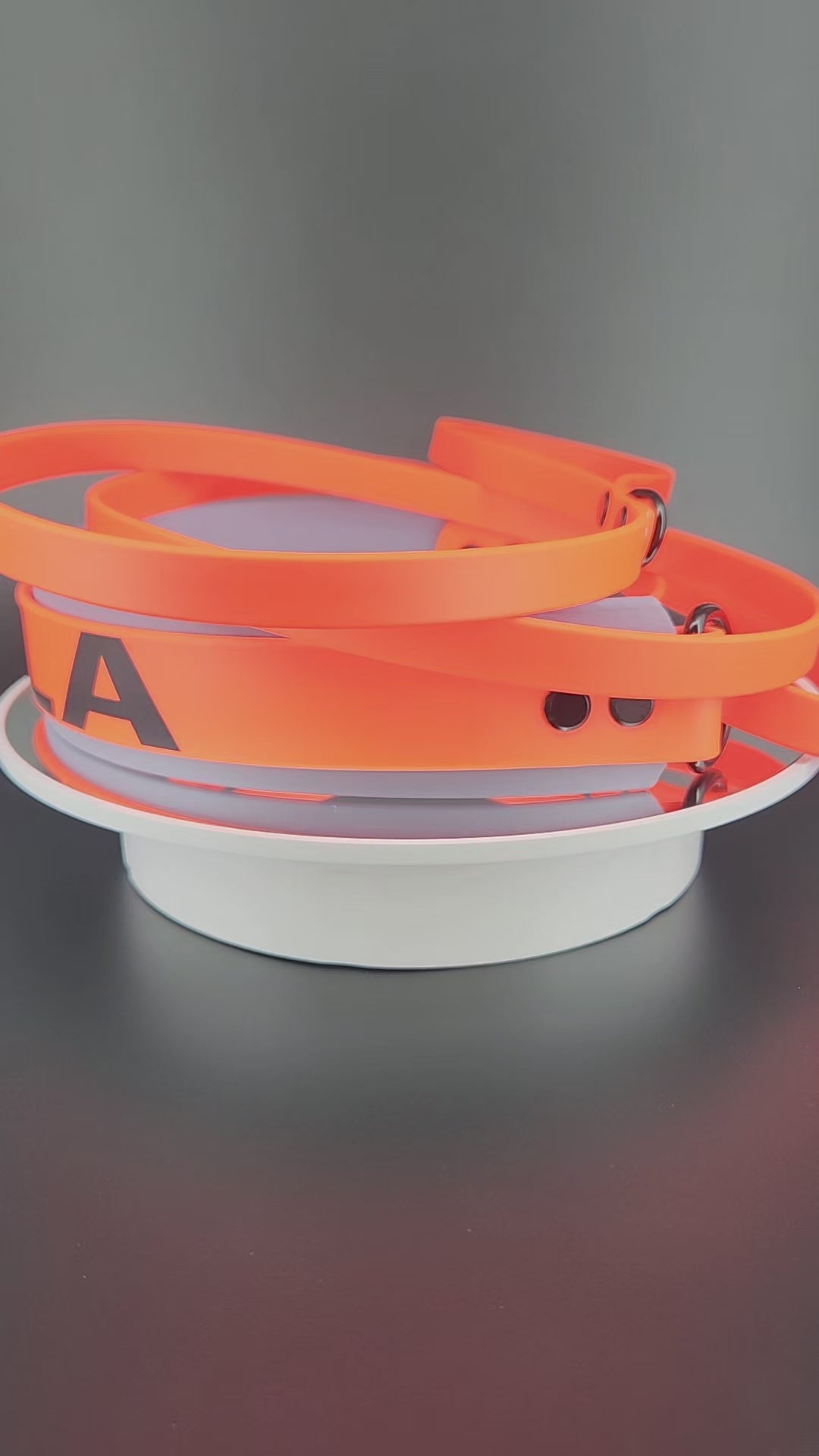 custom gray and orange layered biothane French martingale dog collar and leash with personalized text