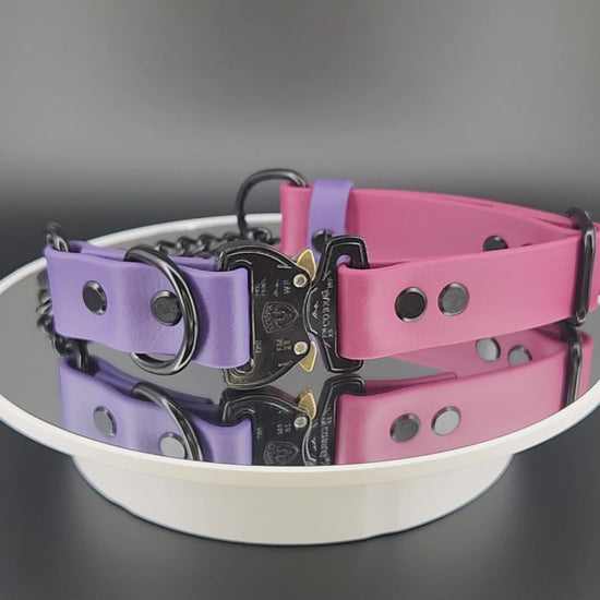 wine and dark purple biothane and black chain martingale dog collar with black quick release cobra buckle
