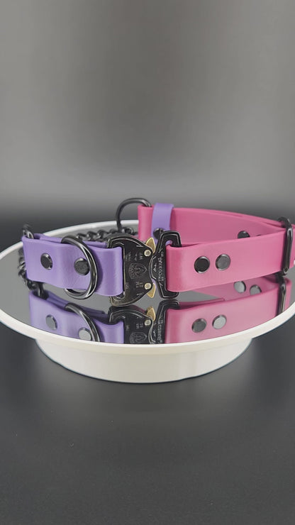 wine and dark purple biothane and black chain martingale dog collar with black quick release cobra buckle