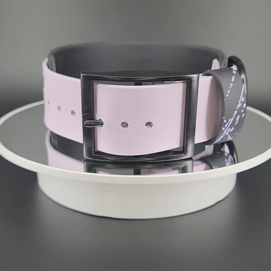 2 inch wide black and lavender layered biothane dog collar with splatter paint and glitter my teeth are bigger than your dick text