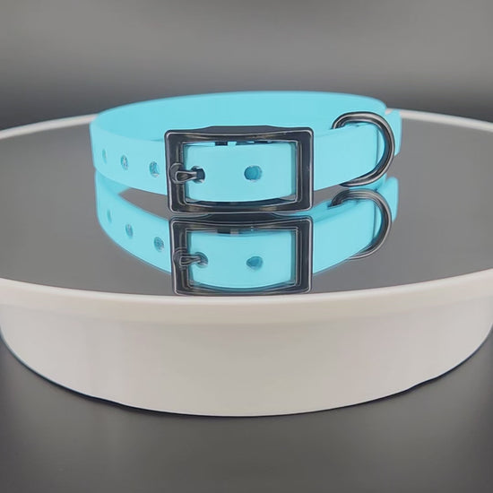 custom half inch wide light blue biothane collar with personalized text