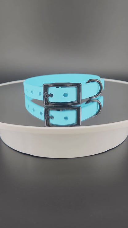 custom half inch wide light blue biothane collar with personalized text
