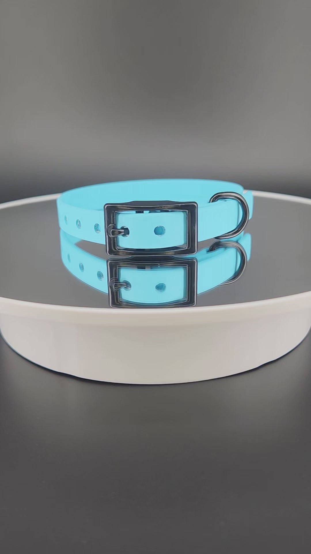 custom half inch wide light blue biothane collar with personalized text