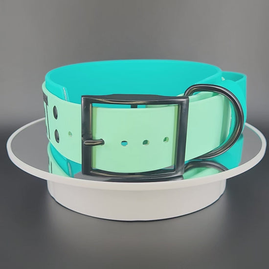 2 inch wide teal and mint green layered biothane dog collar with tactical handle and glitter do not pet text