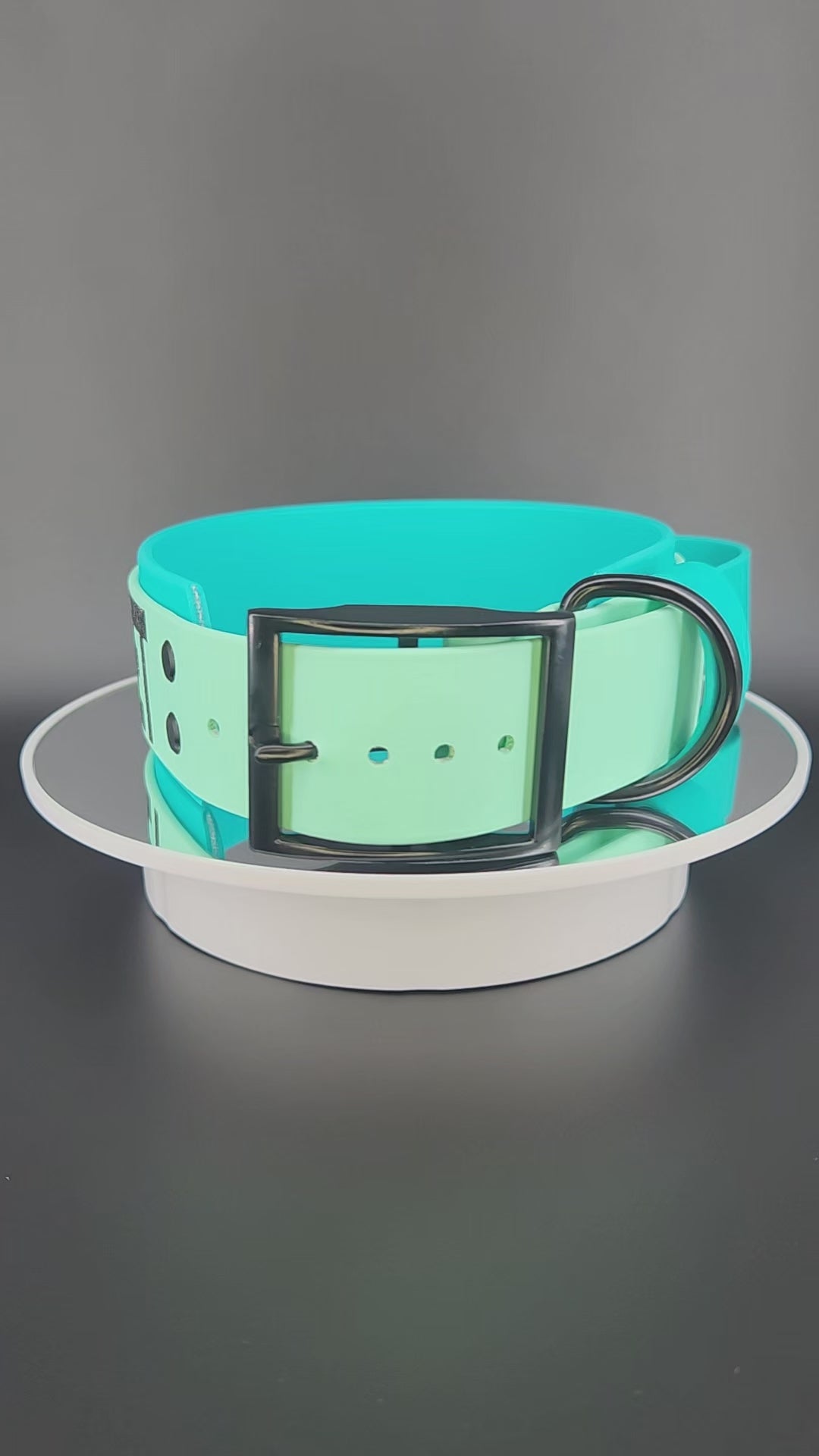 2 inch wide teal and mint green layered biothane dog collar with tactical handle and glitter do not pet text