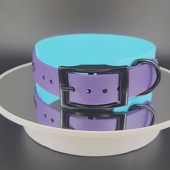 1.5 inch wide light blue and dark purple tapered biothane pet your own fucking dog collar with glitter text