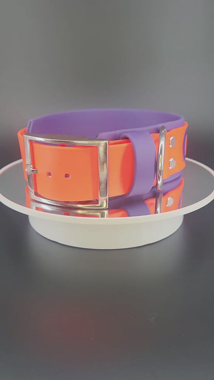 2 inch wide dark purple and orange layered biothane dog collar with go away text and silver hardware, fits a 15 - 18 inch neck