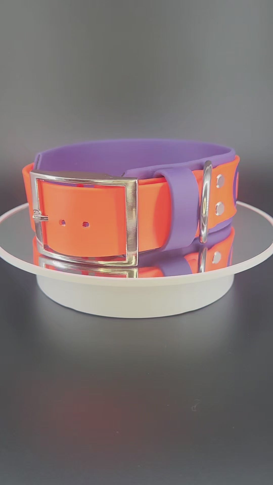 2 inch wide dark purple and orange layered biothane dog collar with go away text and silver hardware, fits a 15 - 18 inch neck