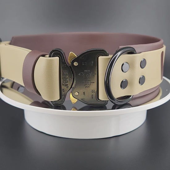 custom 2 inch wide dark brown and tan layered biothane dog collar with black quick release cobra buckle and personalized text
