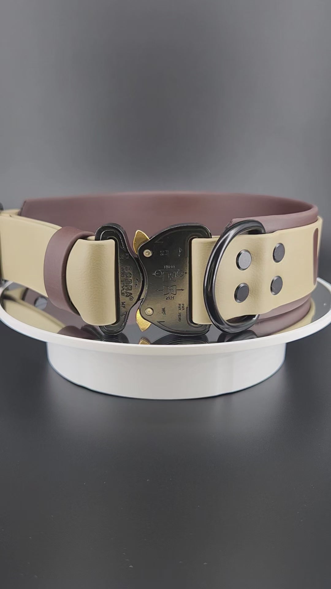 custom 2 inch wide dark brown and tan layered biothane dog collar with black quick release cobra buckle and personalized text