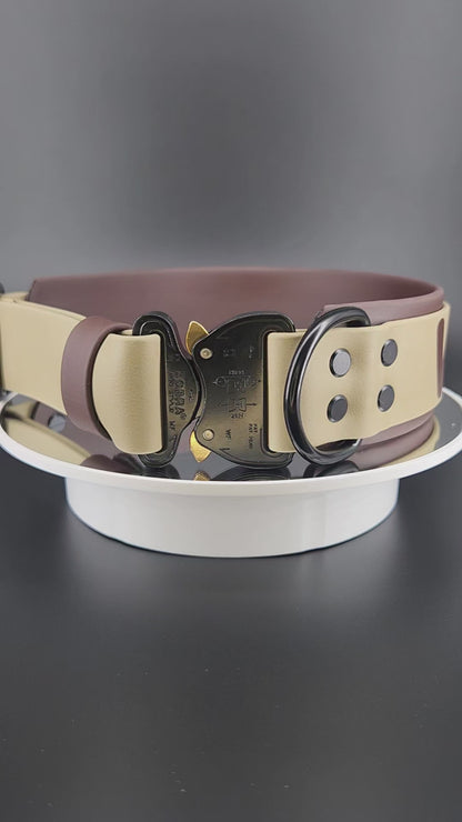 custom 2 inch wide dark brown and tan layered biothane dog collar with black quick release cobra buckle and personalized text