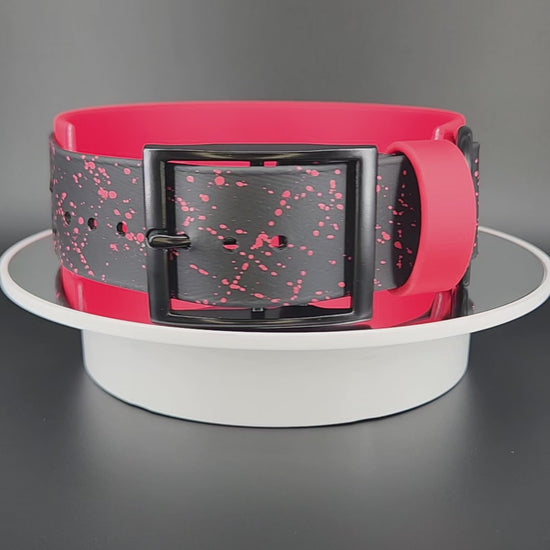 2 inch wide red and black layered biothane man eater dog collar with red splatter paint