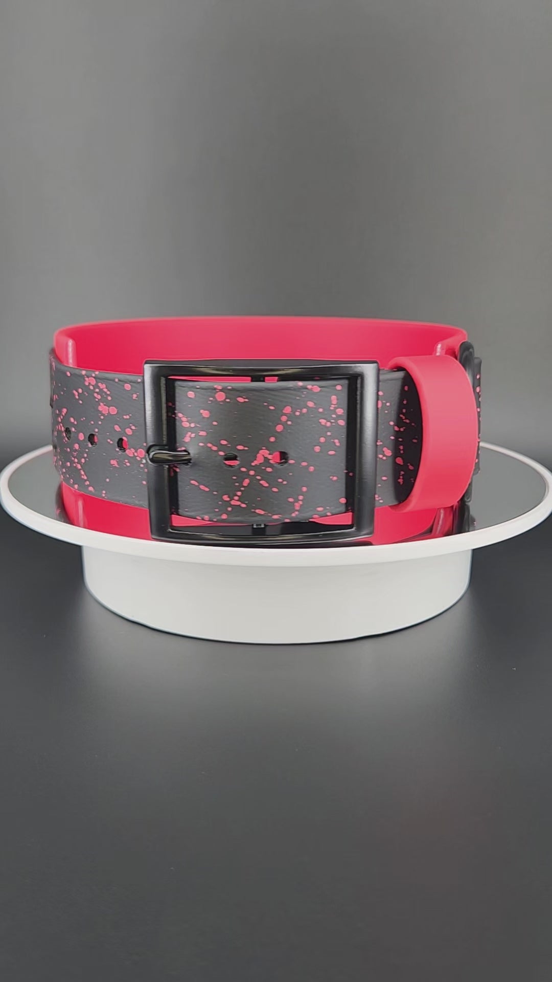 2 inch wide red and black layered biothane man eater dog collar with red splatter paint