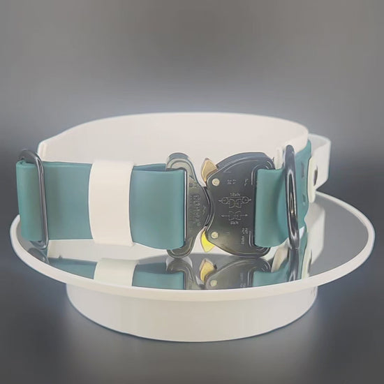 2 inch wide white and dark green layered biothane dog collar with tactical handle and fuck off text with black quick release cobra buckle fits a 15 - 18 inch neck