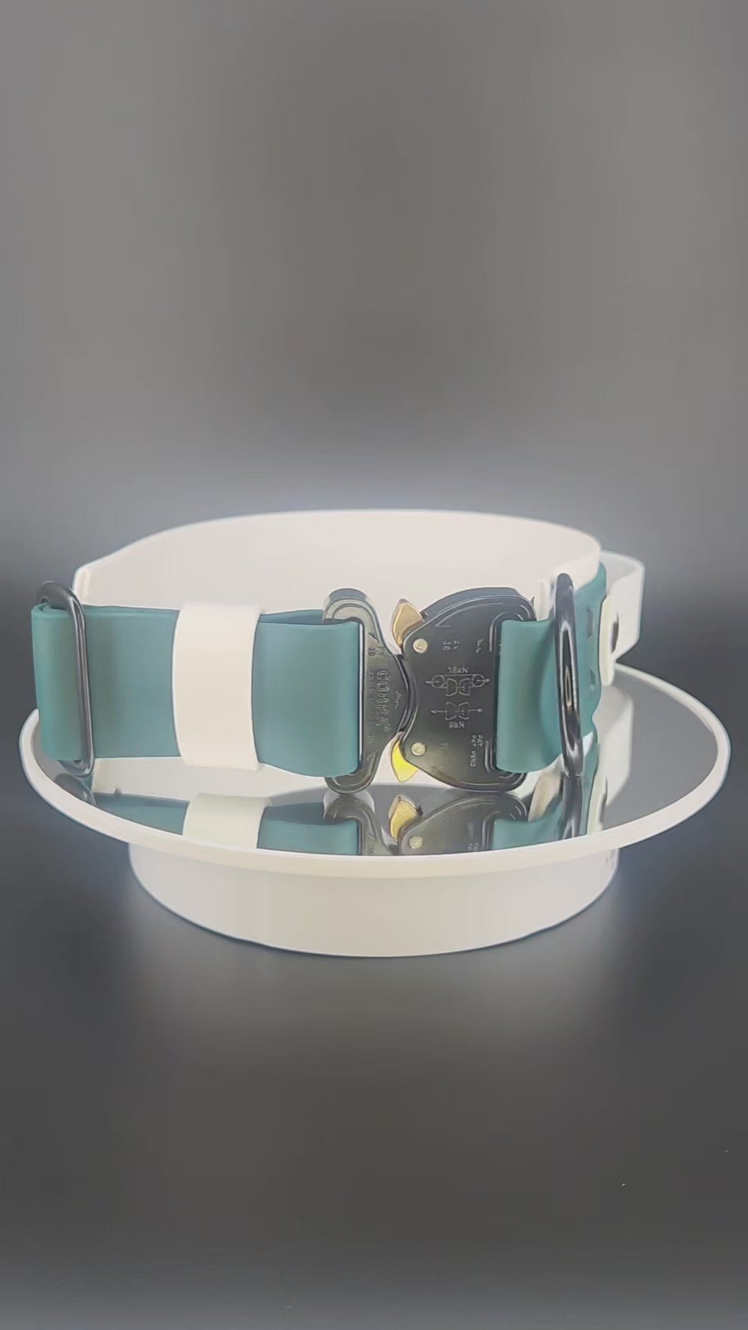 2 inch wide white and dark green layered biothane dog collar with tactical handle and fuck off text with black quick release cobra buckle fits a 15 - 18 inch neck
