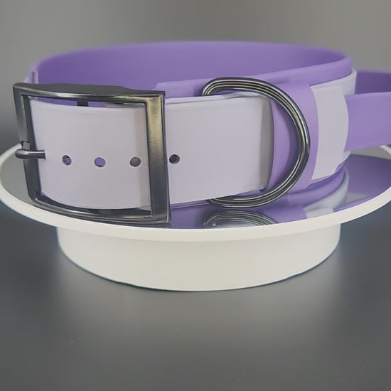 2 inch wide dark purple and gray layered biothane dog collar with tactical handle and fuck off text with black hardware, fits an 18 - 21 inch neck