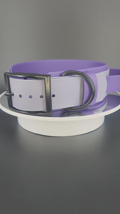 2 inch wide dark purple and gray layered biothane dog collar with tactical handle and fuck off text with black hardware, fits an 18 - 21 inch neck