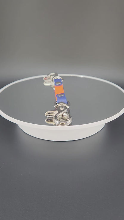 orange and navy blue biothane training collar backup safety strap with silver hardware