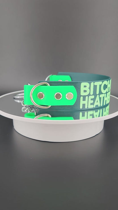 1.5 inch dark green and light green tapered biothane chain martingale dog collar with bitch by birth heathen by choice text in light green glitter