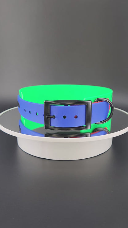 light green and royal blue and red tapered biothane dog collar with game over text