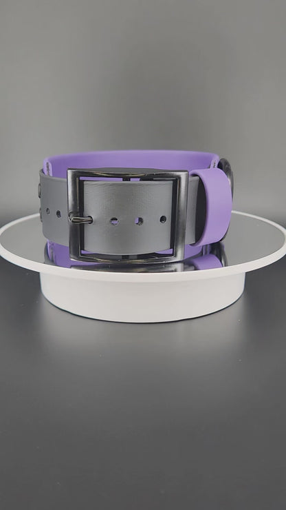 Ready to Ship - Dark Purple and Black Layered Biothane BITEY BITCH Collar with Tactical Handle, 2 inch wide 15 - 18 inch neck