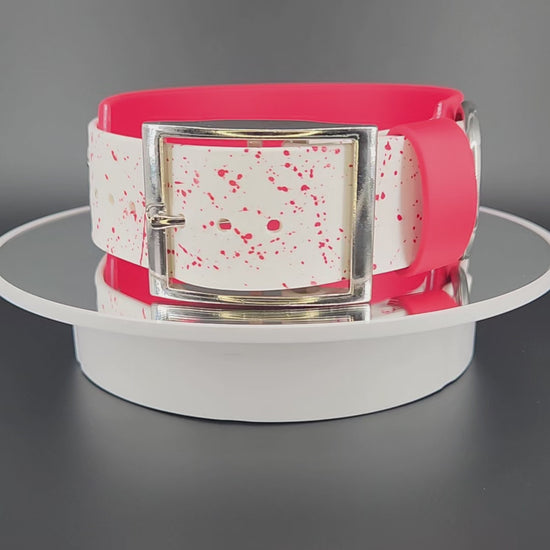 2 inch wide red and white layered biothane dog collar with red splatter paint silver hardware and biohazard text and symbols