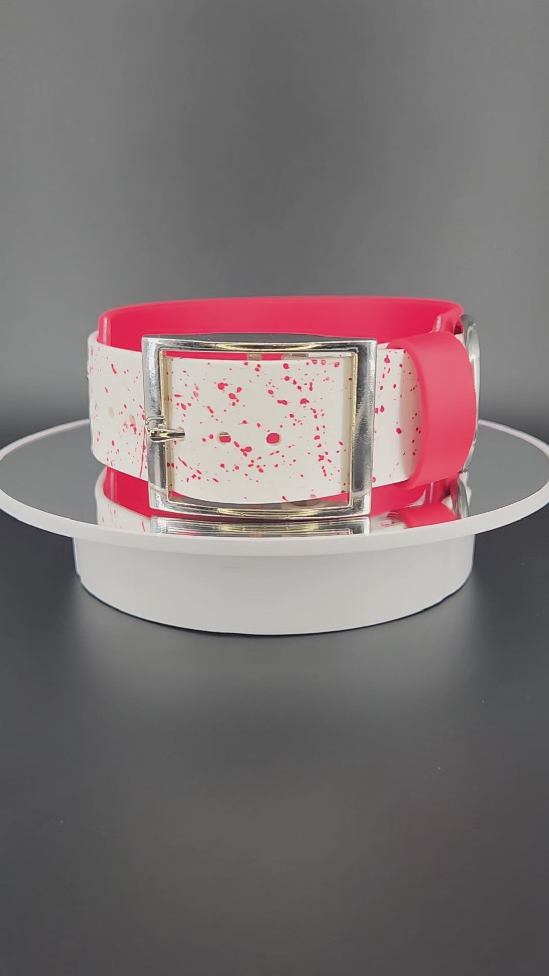 2 inch wide red and white layered biothane dog collar with red splatter paint silver hardware and biohazard text and symbols