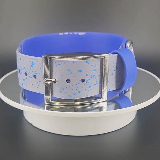 2 inch wide royal blue and gray layered biothane dog collar with tactical handle and fuck off glitter text