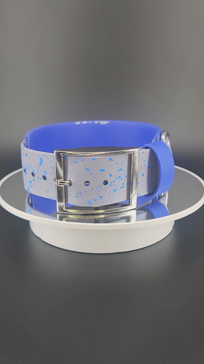 2 inch wide royal blue and gray layered biothane dog collar with tactical handle and fuck off glitter text