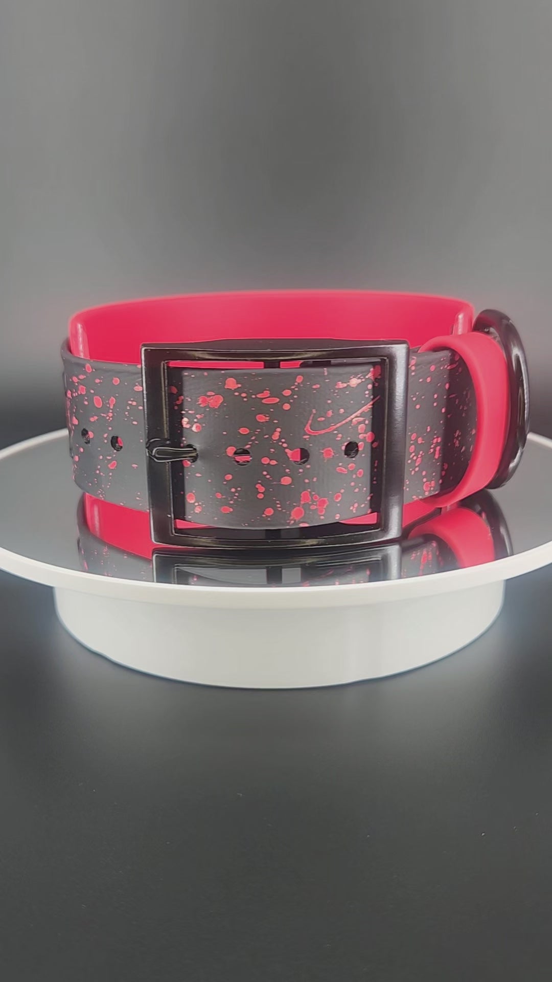2 inch wide red and black layered biothane dog collar with custom glitter text and splatter paint