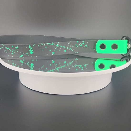 black and green biothane traffic handle with carabiner clip and splatter paint