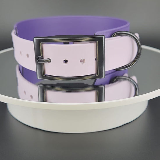 dark purple and lavender tapered biothane dog collar with feral lil princess text