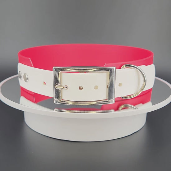 1.5 inch wide red and white tapered biothane do not pet dog collar