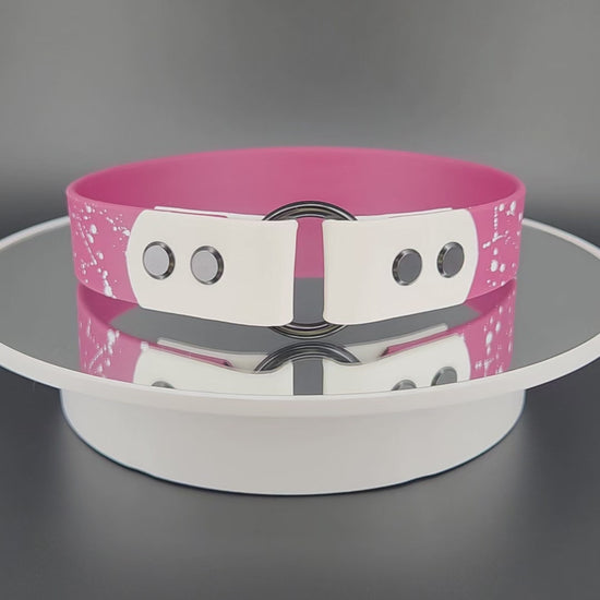 wine and white biothane tag ring collar with white splatter paint that looks like stars or a galaxy celestial theme collar